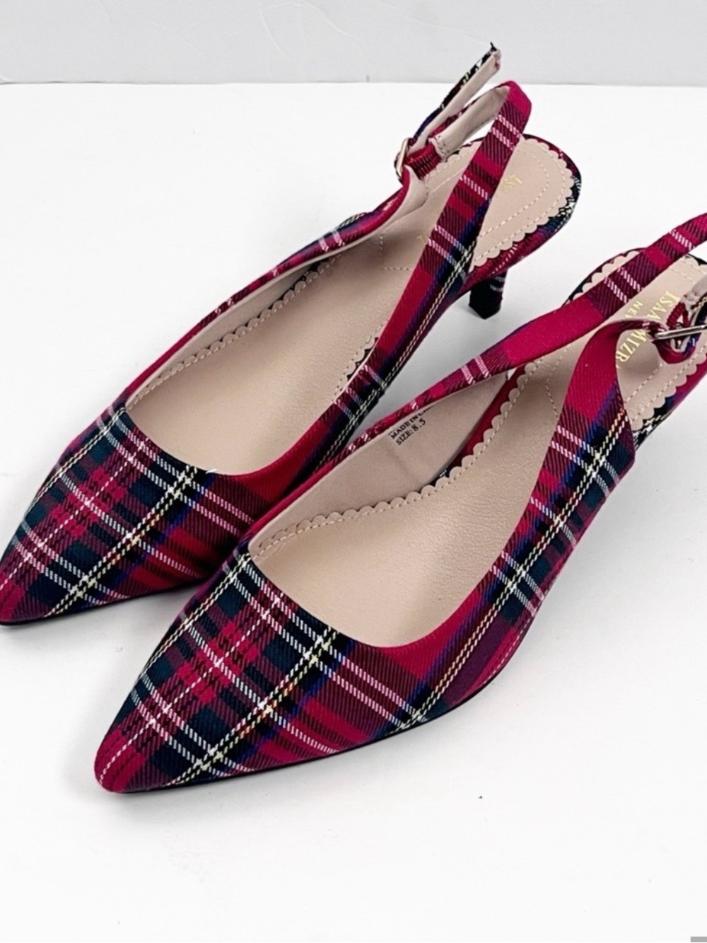 ISAAC MIZRAHI Tartan Plaid Pointy Toe Kitten Heel Slingbacks Size 8.5 Christmas - Picture 3 of 7